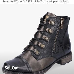 Remonte Women's Size 38 Black Ankle Bootie Side-Zip Lace-Up Combat